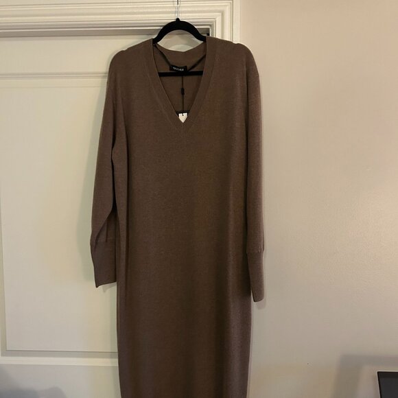 NWT NAADAM Cashmere V-Neck Dress, Size L, Midi length, in Latte (light brown) - Picture 1 of 4